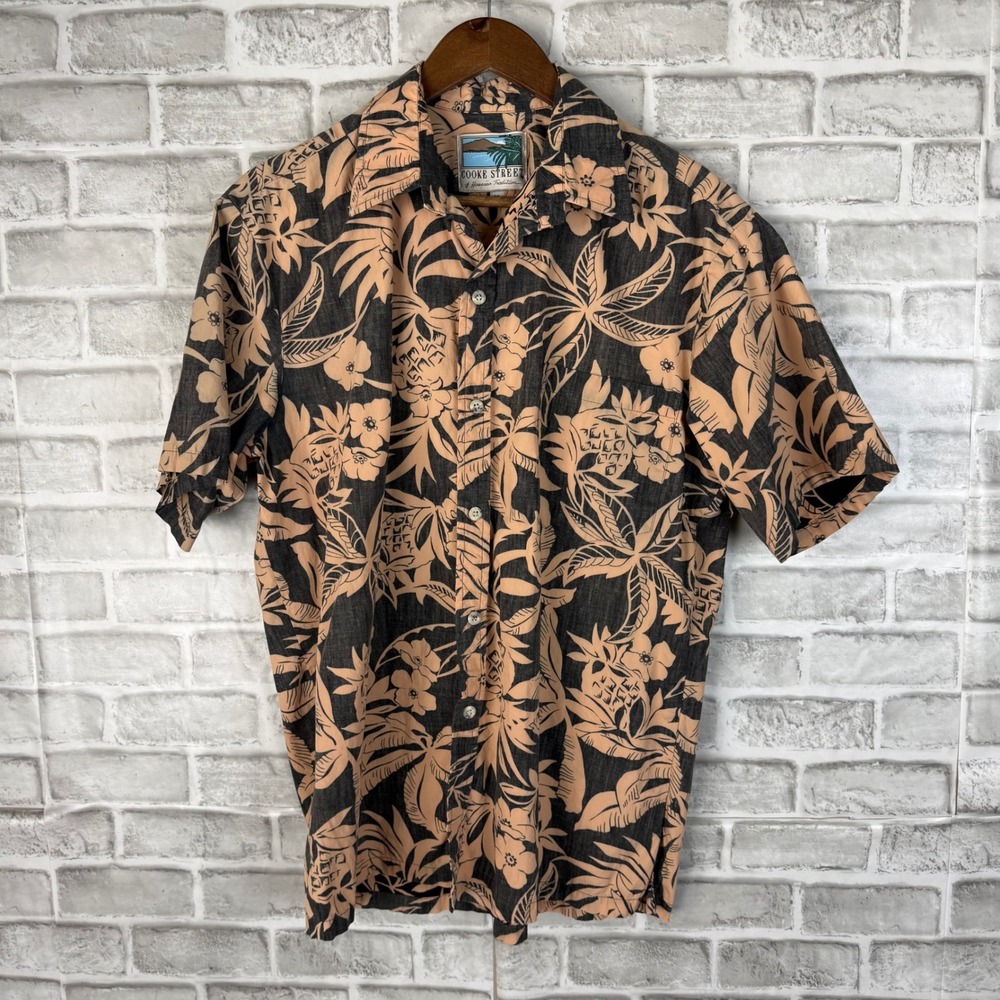 Cooke Street Mens Hawaiian Shirt Medium Black Peach Pineapple Cotton Made in USA